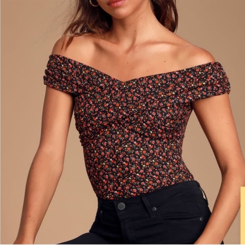 Leith Black Off-Shoulder Floral Bodysuit with Pink & Orange Blossoms